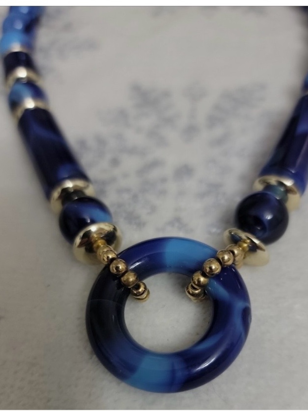 Blue Resin and Gold Bead Women's Necklace
